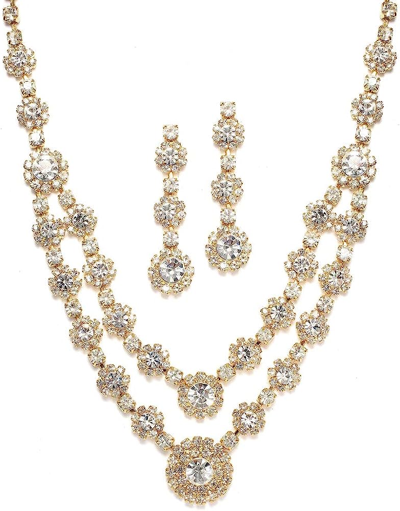 230816043824321_1 Mariell Gold Two-Row Rhinestone Crystal Necklace and Earrings Set - Prom, Brides and Bridesmaids Jewelry - Image 1